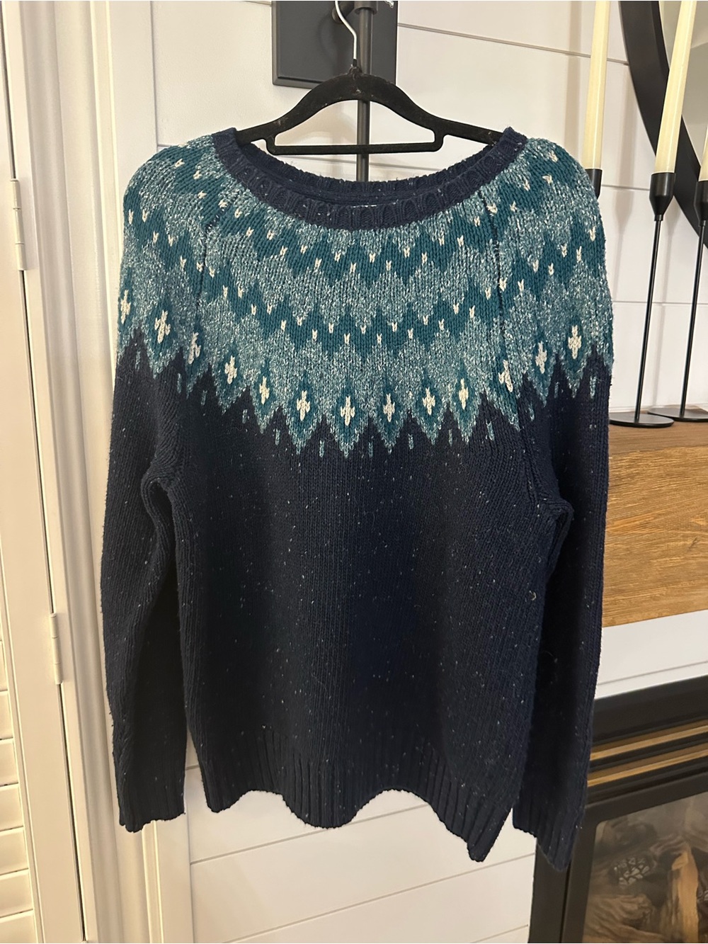 WOOL BLEND Navy Blue Fair Isle Crewneck Sweater with Teal Yoke
